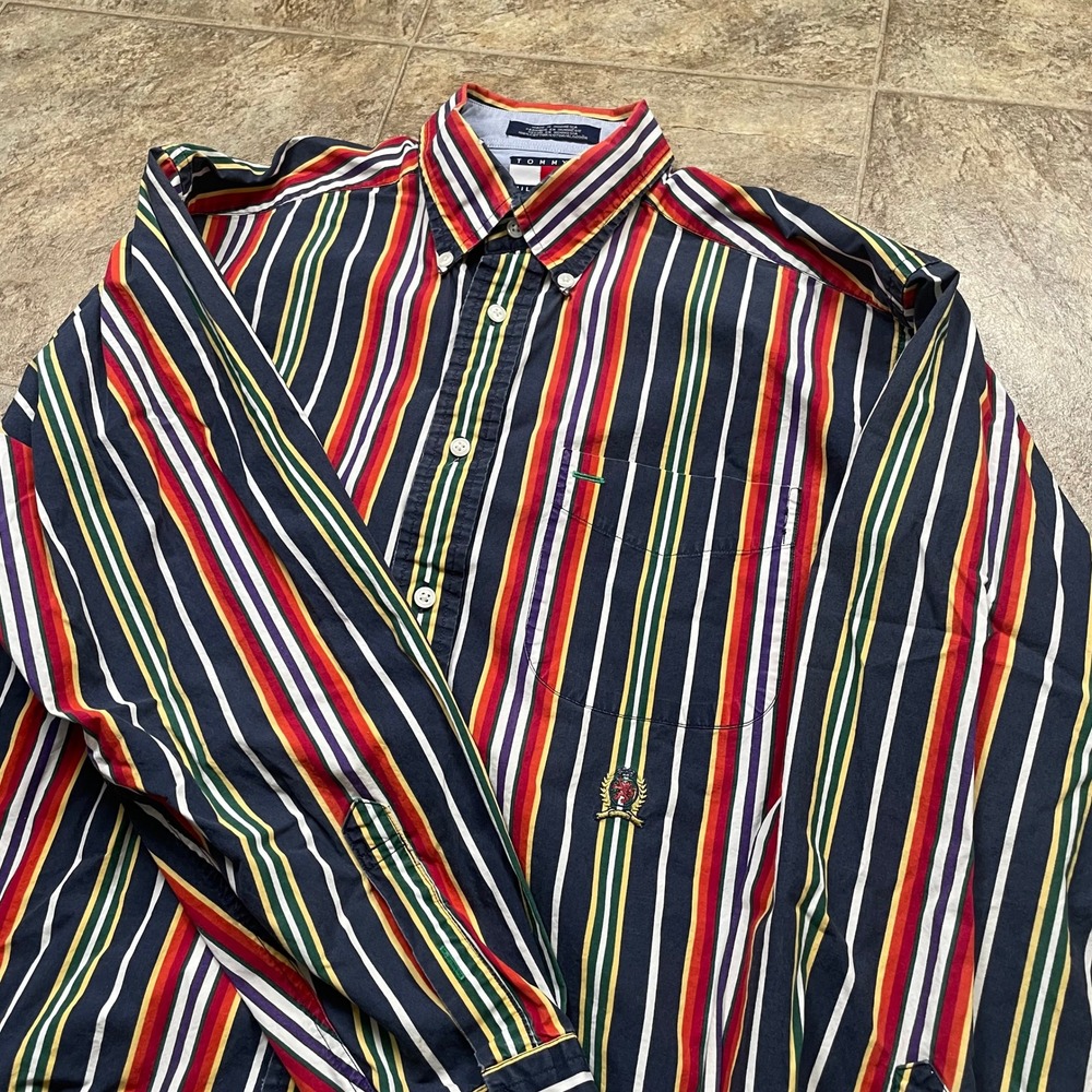 Vintage Tommy Hilfiger Multi Color Striped Button Down Shirt Mens Medium Crest